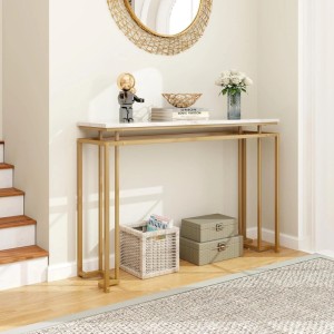Eleganter Costway Konsolentisch schmal, weiße Marmorplatte, goldener Metallrahmen, schwebende Optik.
