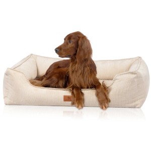 Beiges Knuffelwuff Hundebett Nunavut XL aus Cord mit Hund.