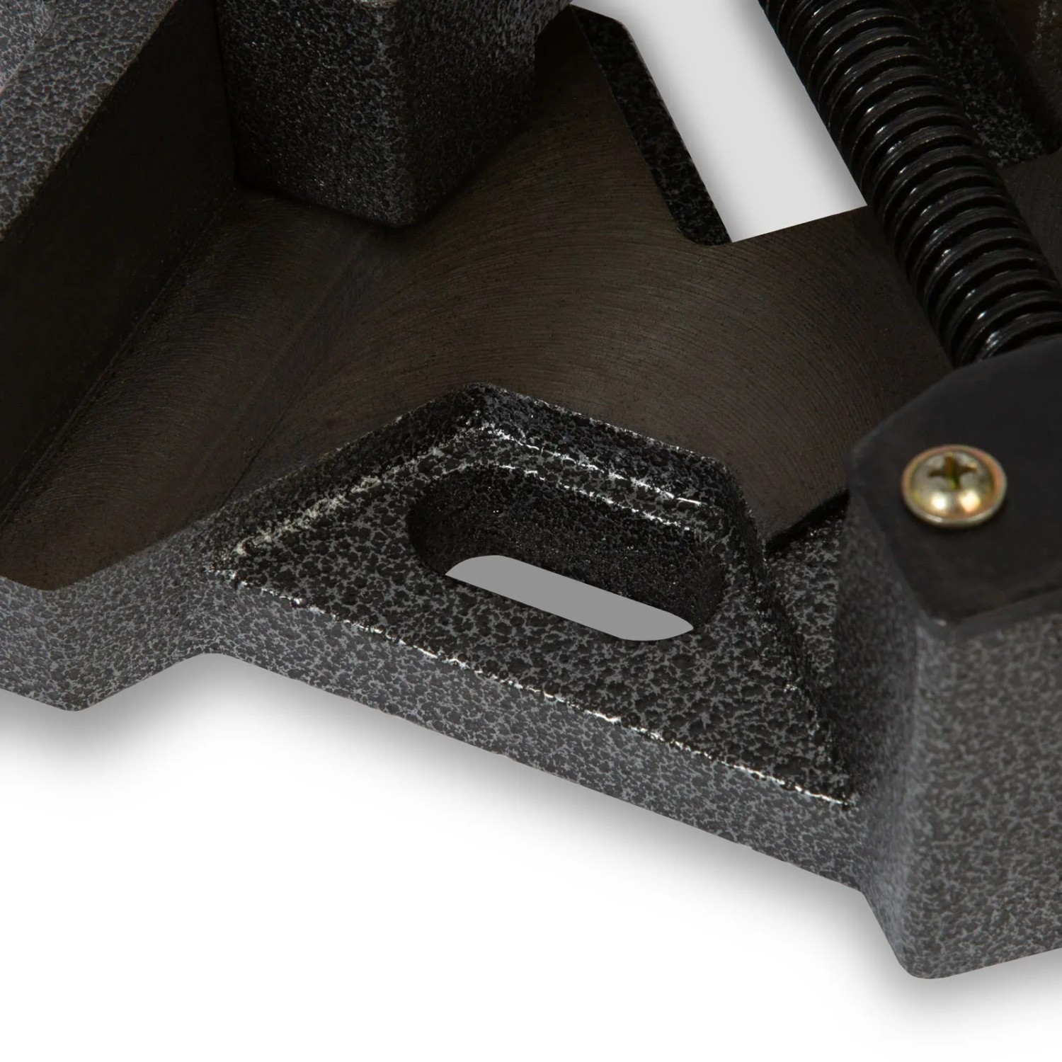 Detailaufnahme: Grauguss EBERTH Winkelschraubstock, 104mm Backenbreite, für Werkbankmontage.