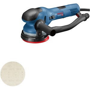 Bosch Professional GET 55-125 Exzenterschleifer im Karton mit Schleifblatt und Zubehör.