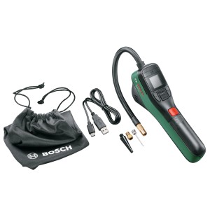 Bosch EasyPump Akku-Druckluftpumpe mit Zubehör und Tasche.