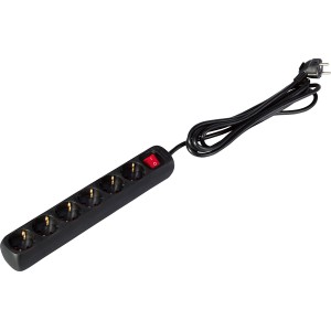 Schwarze 6-fach Steckdosenleiste mit Schalter und 3 m Kabel für den Innenbereich.