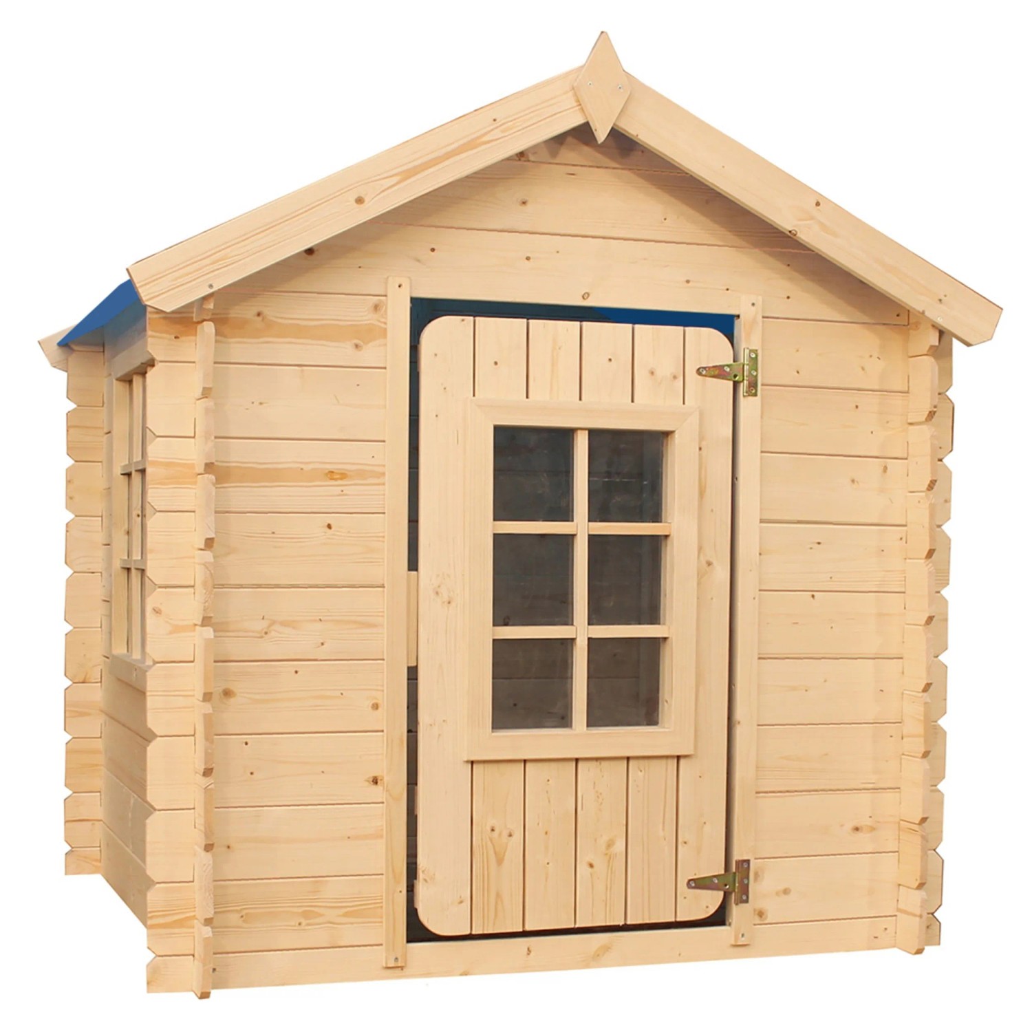 Timbela Kinderspielhaus aus Holz mit blauem Dach, 1 m² Spielfläche für den Garten.