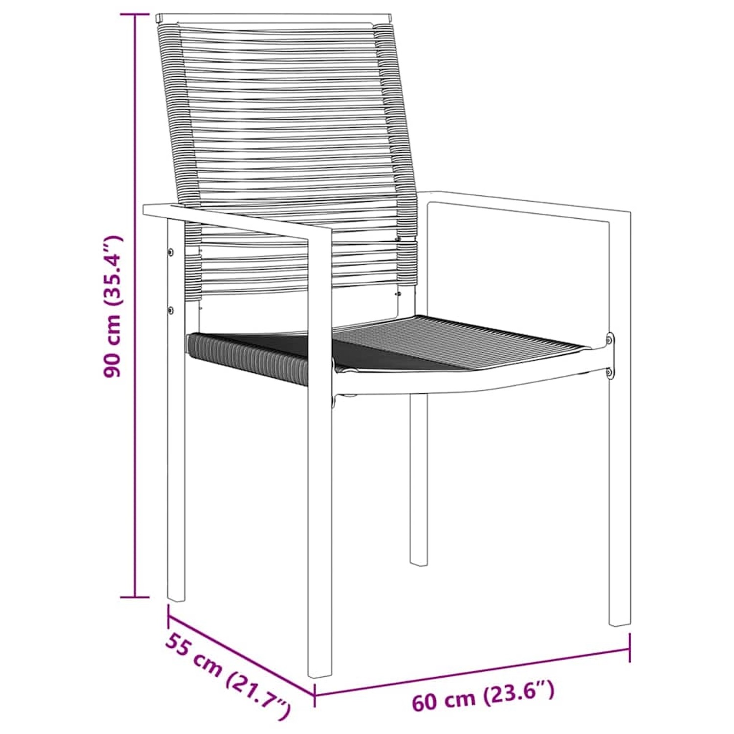 Skizze eines schwarzen Gartenstuhls aus PVC-Rattan mit Maßangaben. Teil eines 5-teiligen Garten-Esszimmersets von vidaXL.