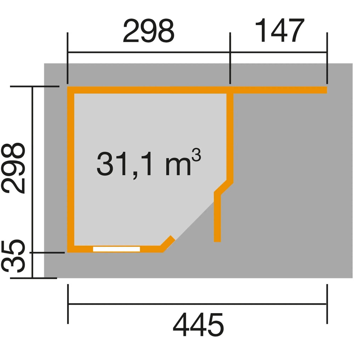 Grundriss Weka Holz-Gartenhaus Flachdach, 455x339 cm, mit Maßangaben.