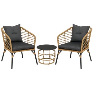 Outsunny Rattan Gartenmöbel-Set: 2 Sessel mit sandfarbenem Geflecht, dunkelgrauen Kissen, runder Couchtisch.