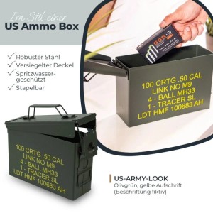 HMF Munitionskoffer US Ammo Box aus olivgrünem Stahl, spritzwassergeschützt, stapelbar. Ideal zur Aufbewahrung.