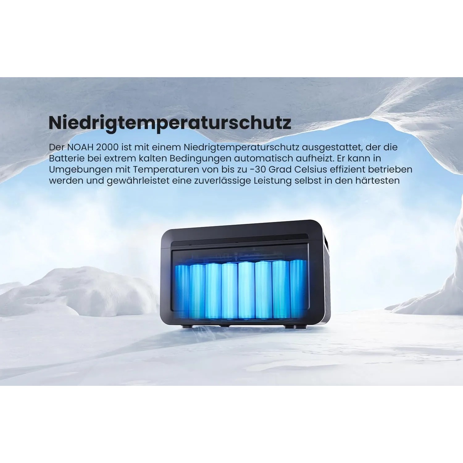Growatt NOAH 2000 Stromspeicher für Balkonkraftwerk, mit Niedrigtemperaturschutz.