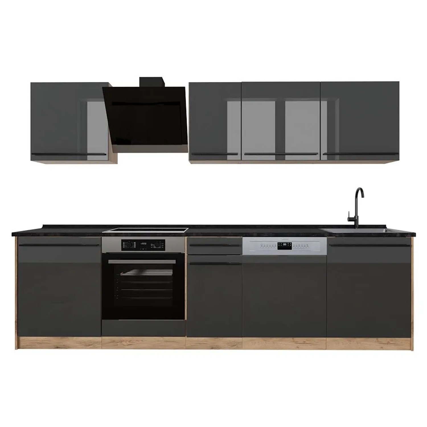 Vicco Küchenzeile R-Line Anthrazit Hochglanz/Goldkraft Eiche 280 x 207 Arbeitsplatte Anthrazit Art Nr 66390