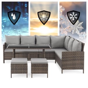 Svita Madison Rattan Lounge Ecksofa Gartenmöbel Set, braunes Polyrattan mit grauen Kissen und Tisch.