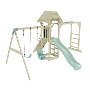OutdoorToys Spielturm Örebro mit Babyschaukel in Mintgrün, mit Rutsche, Klettergerüst und Schaukel.