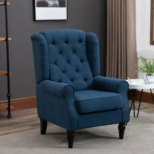 Blauer HOMCOM Ohrensessel mit Tufting-Rückenlehne und dunklen Holzbeinen. Komfortabler Loungesessel für das Wohnzimmer.