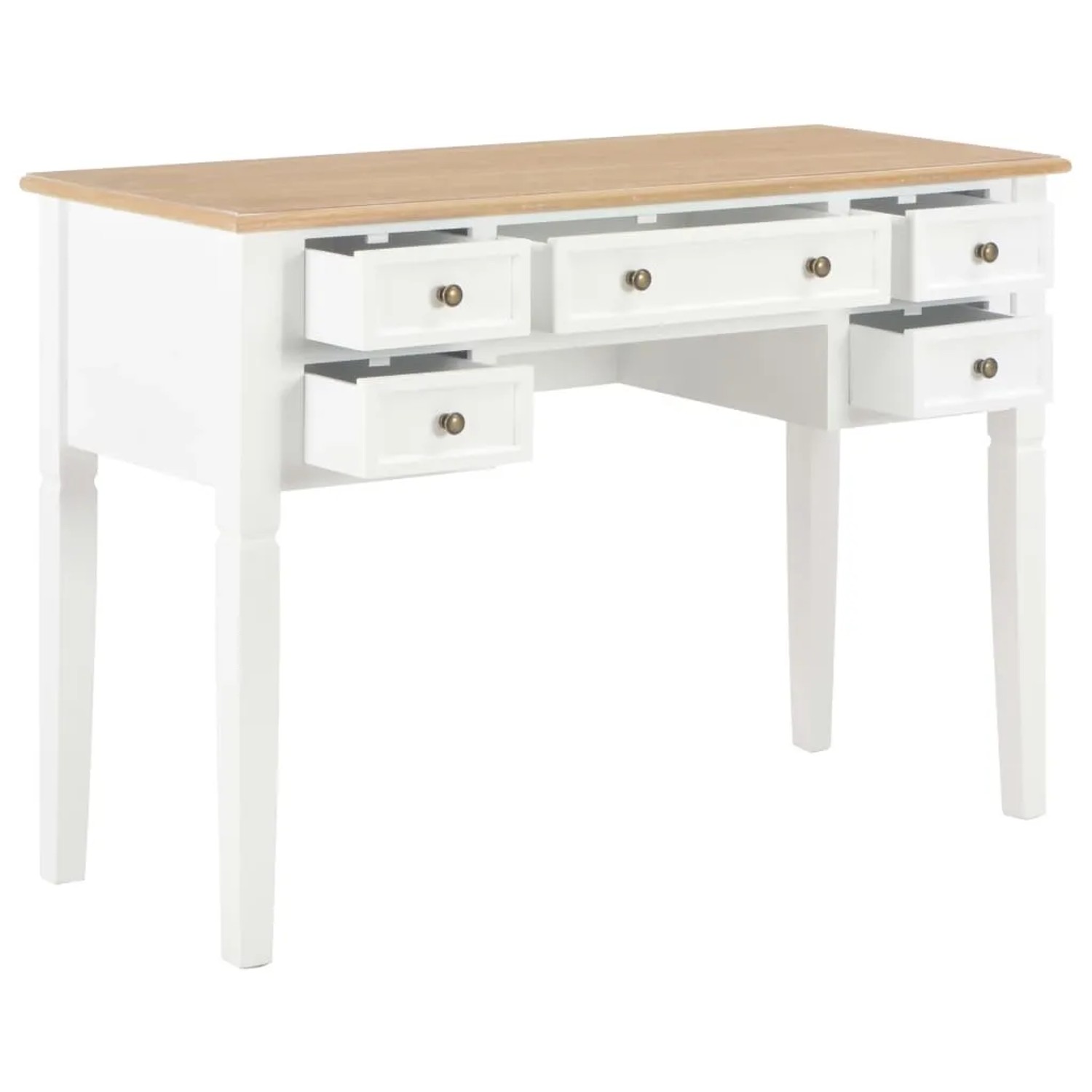 Weißer vidaXL Schreibtisch aus Holz mit 5 Schubladen und hellbrauner Tischplatte.