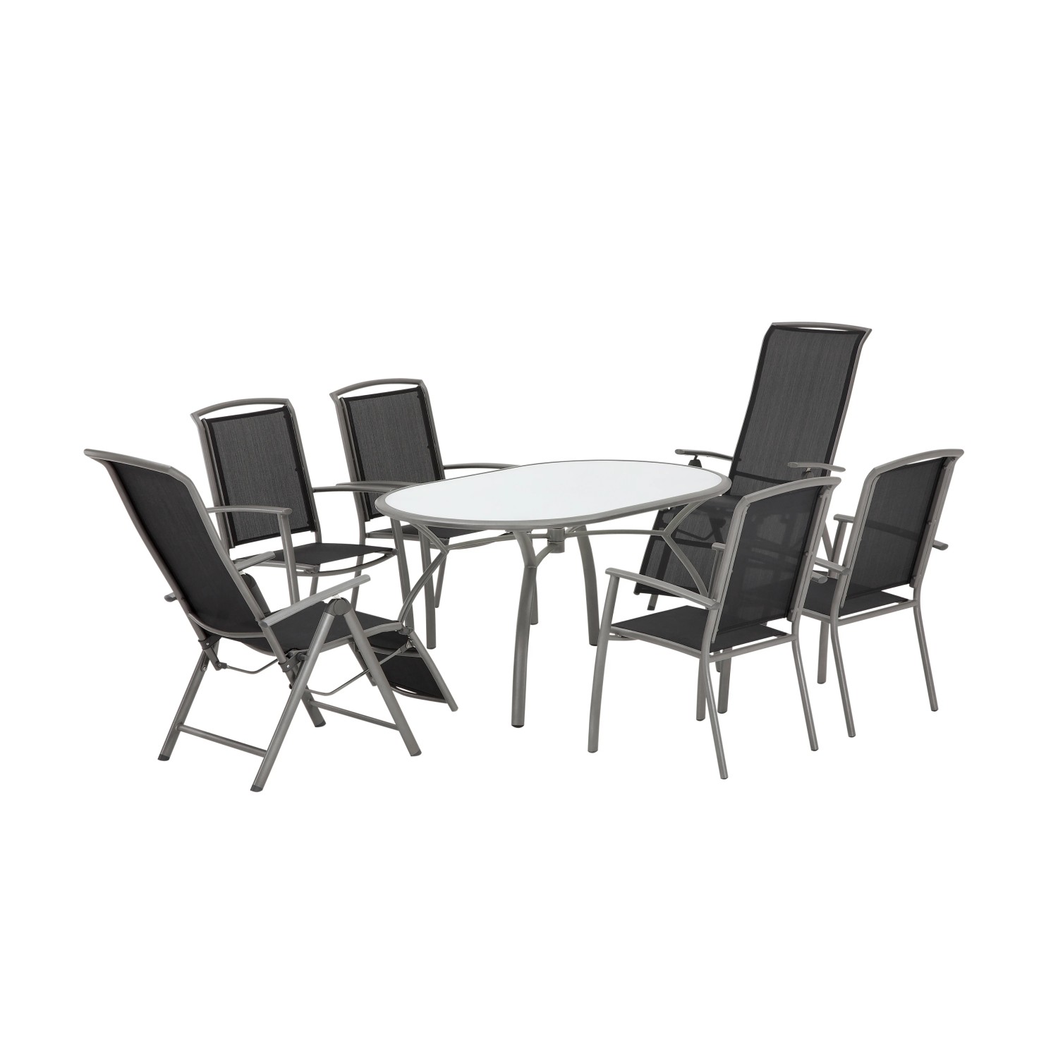 Gartenmöbelset: Ovaler Tisch mit 6 schwarzen Klappsesseln Vigo mit verstellbarer Lehne.