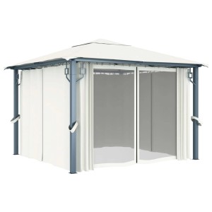 Cremefarbener vidaXL Pavillon 300x300 cm mit Vorhängen und Aluminiumrahmen.
