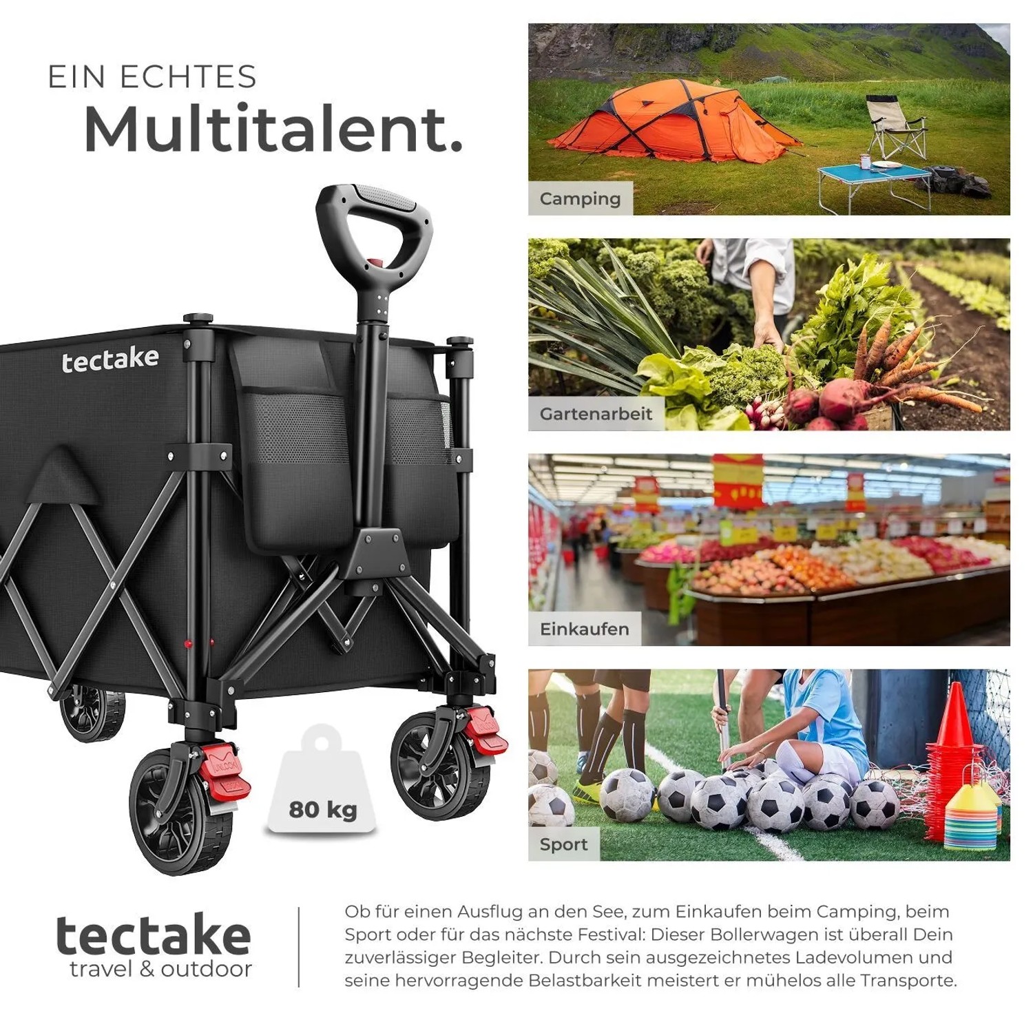 Faltbarer Bollerwagen von Tectake, schwarz, mit Kunststoffrädern für Camping, Gartenarbeit, Einkaufen und Sport.