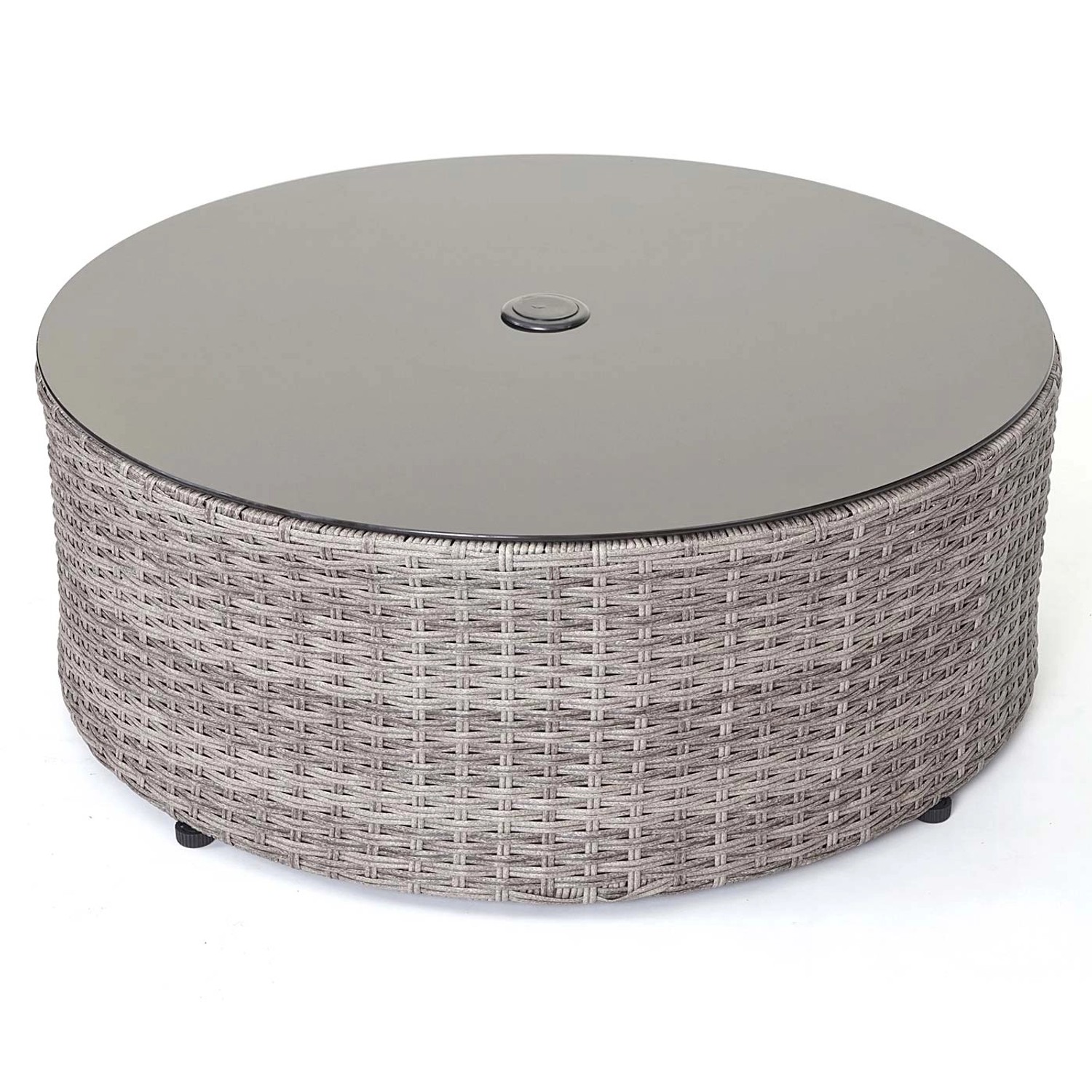Runder Tisch der MCW Poly-Rattan Garnitur E17 in Grau mit Glasplatte für Lounge-Gartenmöbel.