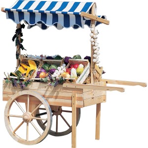 Promadino Marktwagen aus Kiefernholz mit blau-weiß gestreiftem Baldachin, gefüllt mit Gemüse und Dekoration.
