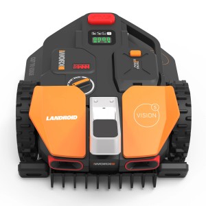 Worx Landroid Vision S250 Mähroboter (Modell WR202E) in Orange und Schwarz, Aufsicht.