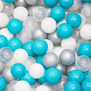 Bällebadbälle Set: 200 türkise, graue, weiße und transparente Spielbälle (Ø 5.5cm) für Kinder.