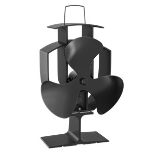 Schwarzer Wiltec Kaminofen Ventilator mit 3 Blättern für effiziente Wärmeverteilung. Stromloser Ofenventilator.
