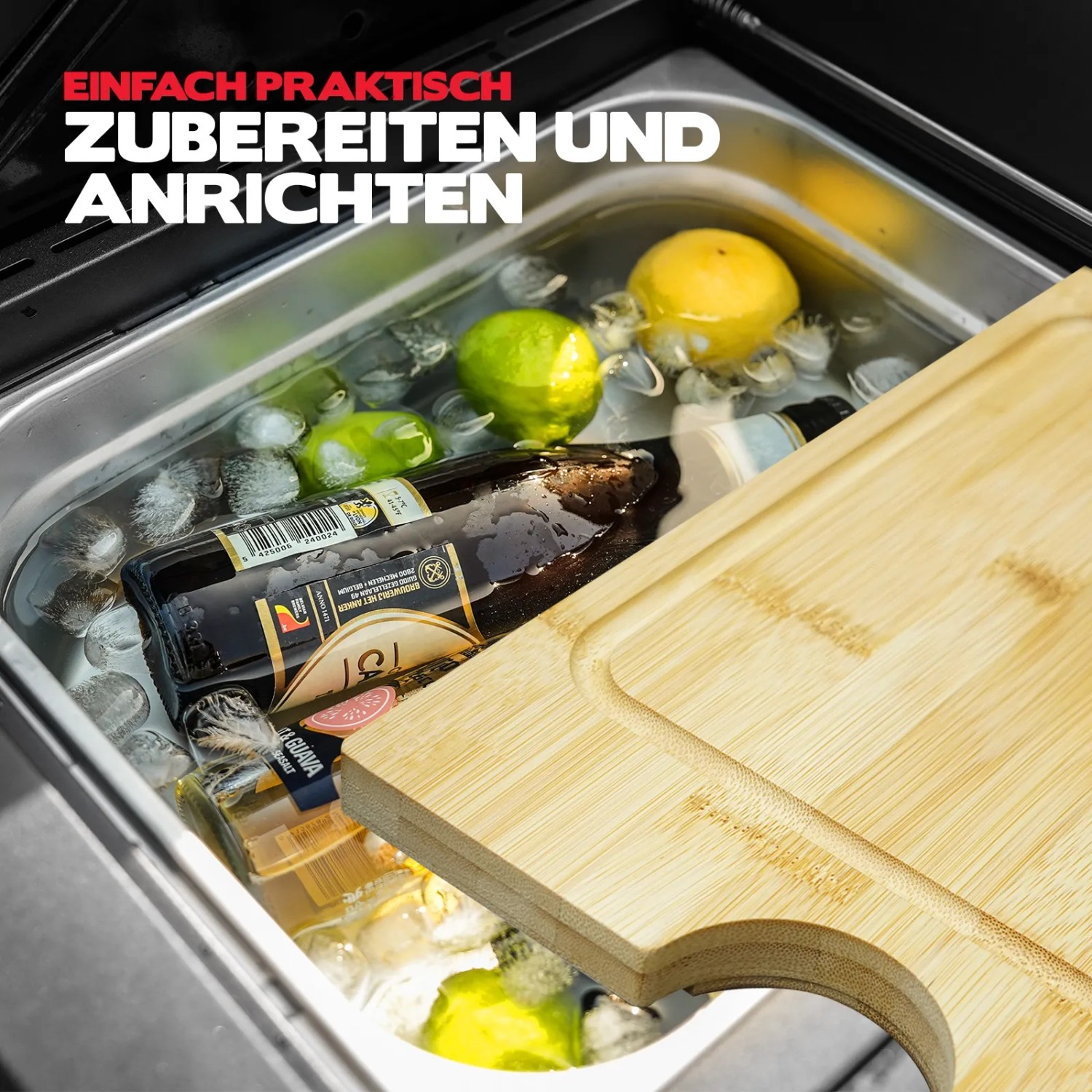 Taino Gasgrill: Seitenbrenner mit Eis, Getränken, Zitronen und Schneidebrett.