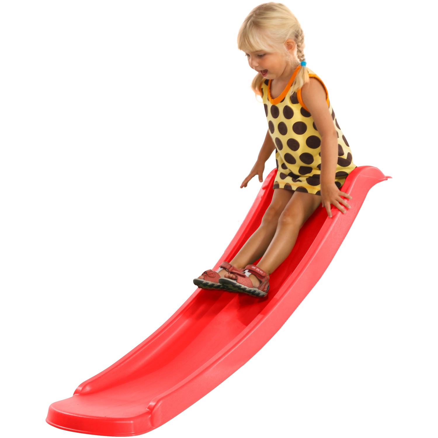 Kind rutscht auf roter Axi Sky120 Rutsche. Rutsche für Spielturm oder Garten.