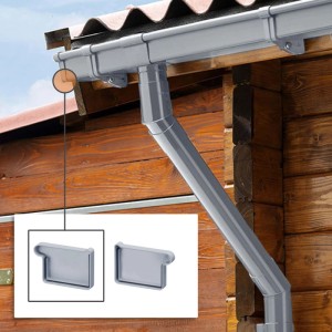 Grauer Inefa PVC Rinnenboden links für Kastenrinne NW 83, zur Abdichtung der Dachrinne, an Holzfassade.