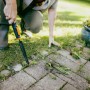 Anwendung des Fiskars Unkrautstechers OneClick im Garten auf Pflastersteinen.