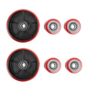 Güde Radwechsel-Kit PU: 2 große schwarze Polyurethan-Räder, 4 kleine rote Rollen. Für Hubwagen.