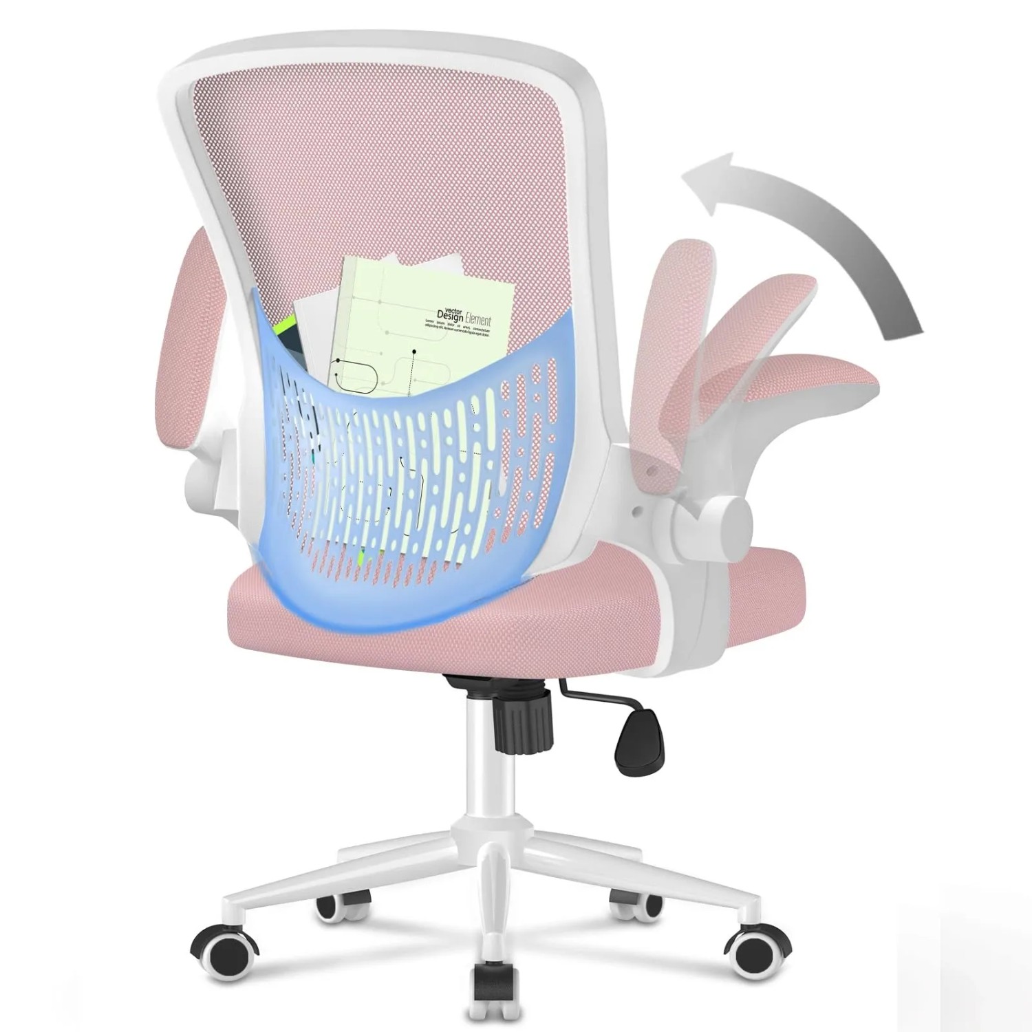 Rattantree Ergonomischer Bürostuhl mit Klapparmlehnen Mid Back Mesh Lendenstütze Höhenverstellbar und Aufbewahrungsfach Pink