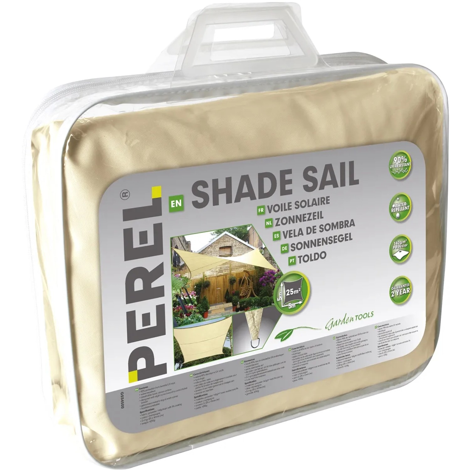 Verpacktes, creme-farbenes Perel Viereck-Sonnensegel, 500x500cm, UV-Schutz, wasserabweisend.