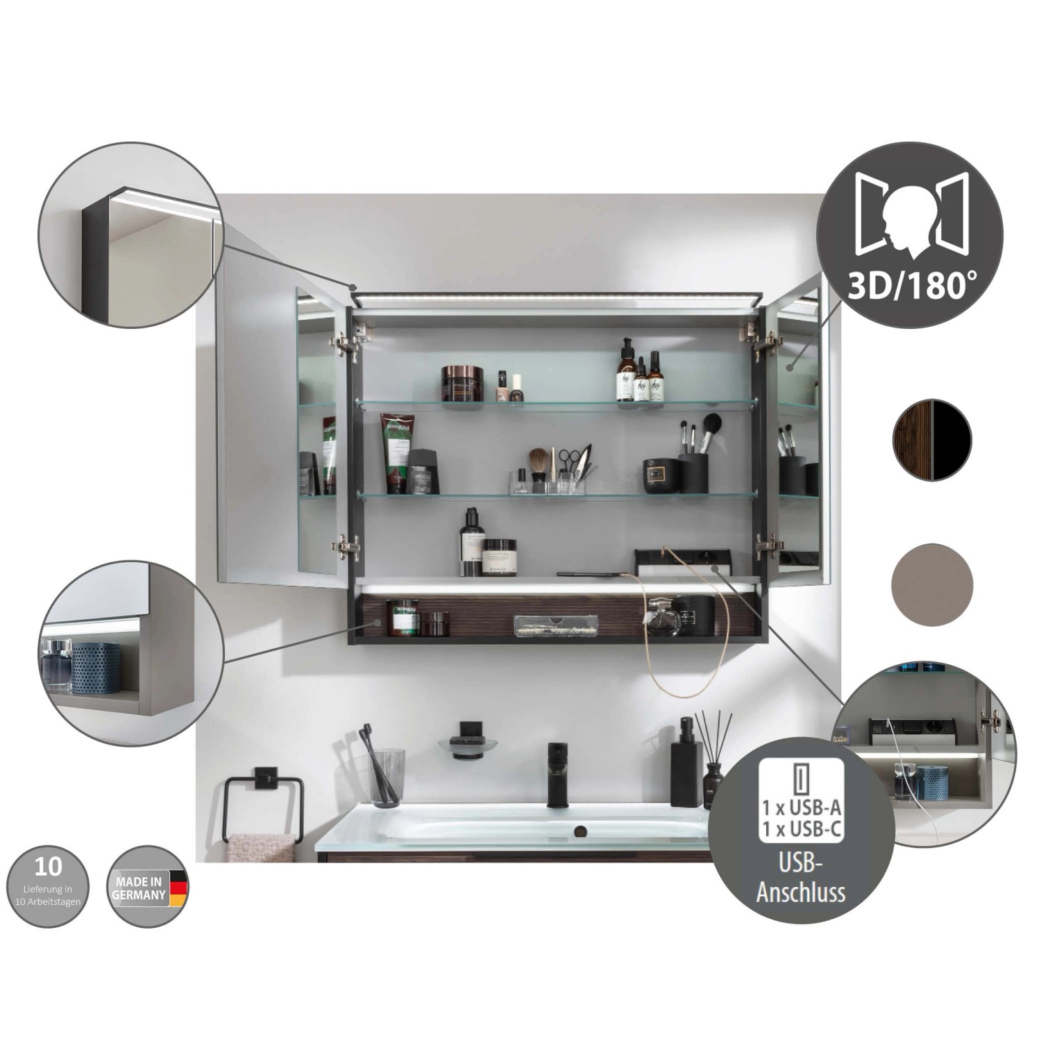 Fackelmann LED-Spiegelschrank B.Paris, 70cm, Schwarz Matt/Eiche, mit USB-Anschluss.