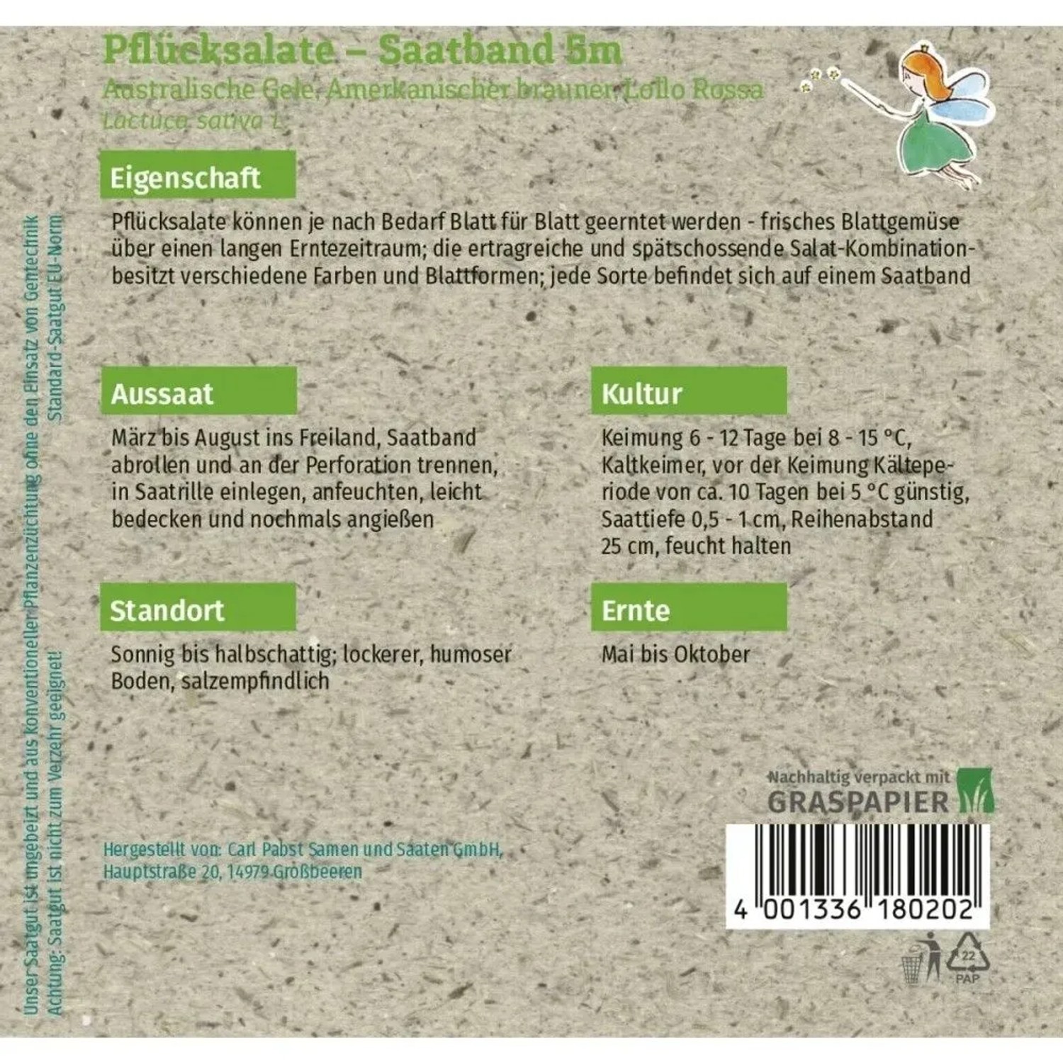 Grüne Fee Pflücksalat Saatband 5m mit 3 Sorten Blattgemüse-Saatgut. Beige Verpackung mit Text.