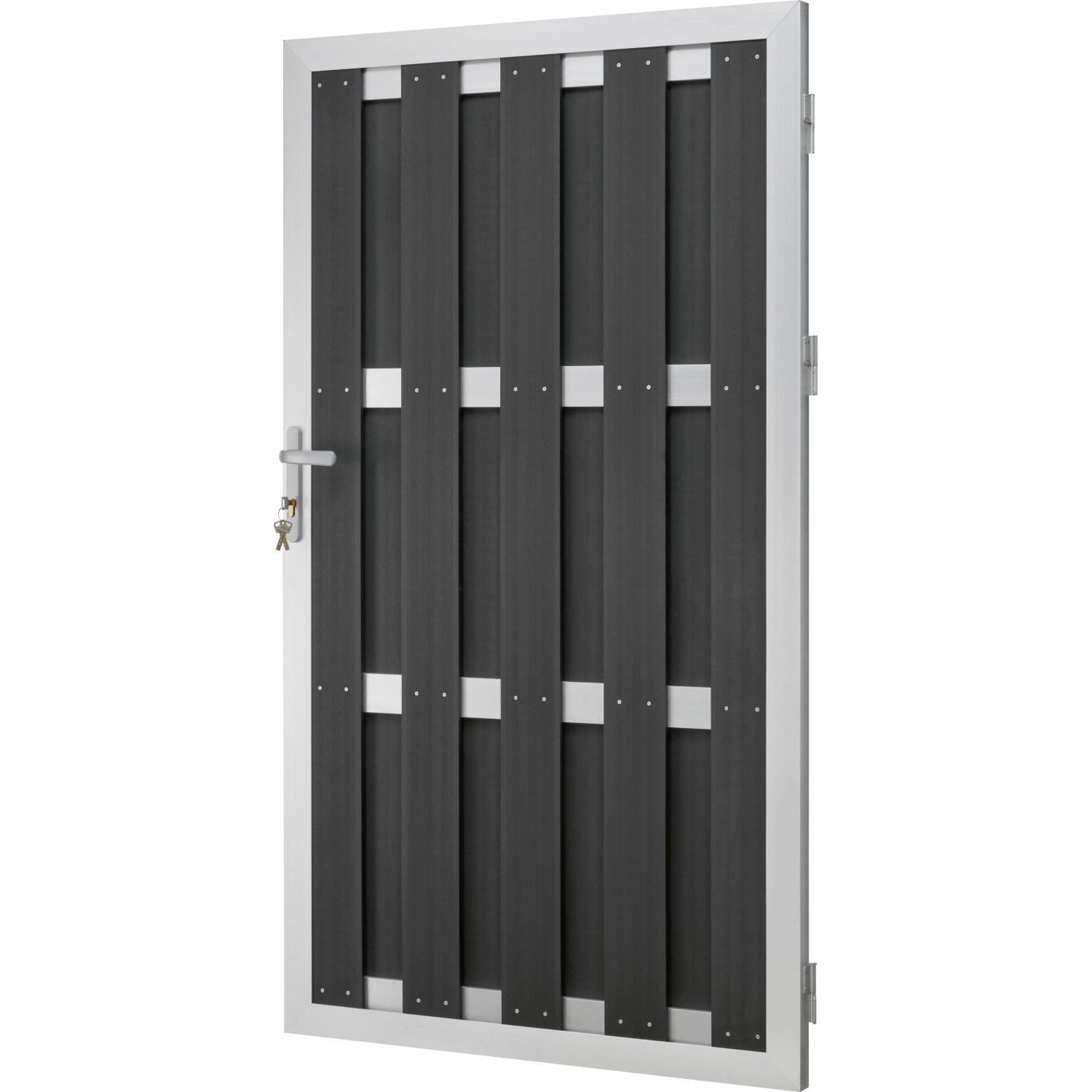Anthrazitfarbene WPC-Tür mit Aluminiumrahmen, 180x100 cm, für Sichtschutzzaun.