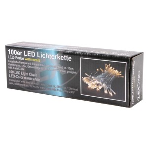 Schwarze Verpackung der Lex 100er LED Lichterkette mit transparentem Kabel und warmweißem Licht für innen.