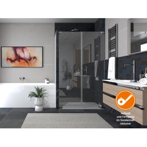 Dusch-Pendeltür Brava Chrom, rahmenlose Sondermaßanfertigung im Badezimmer.
