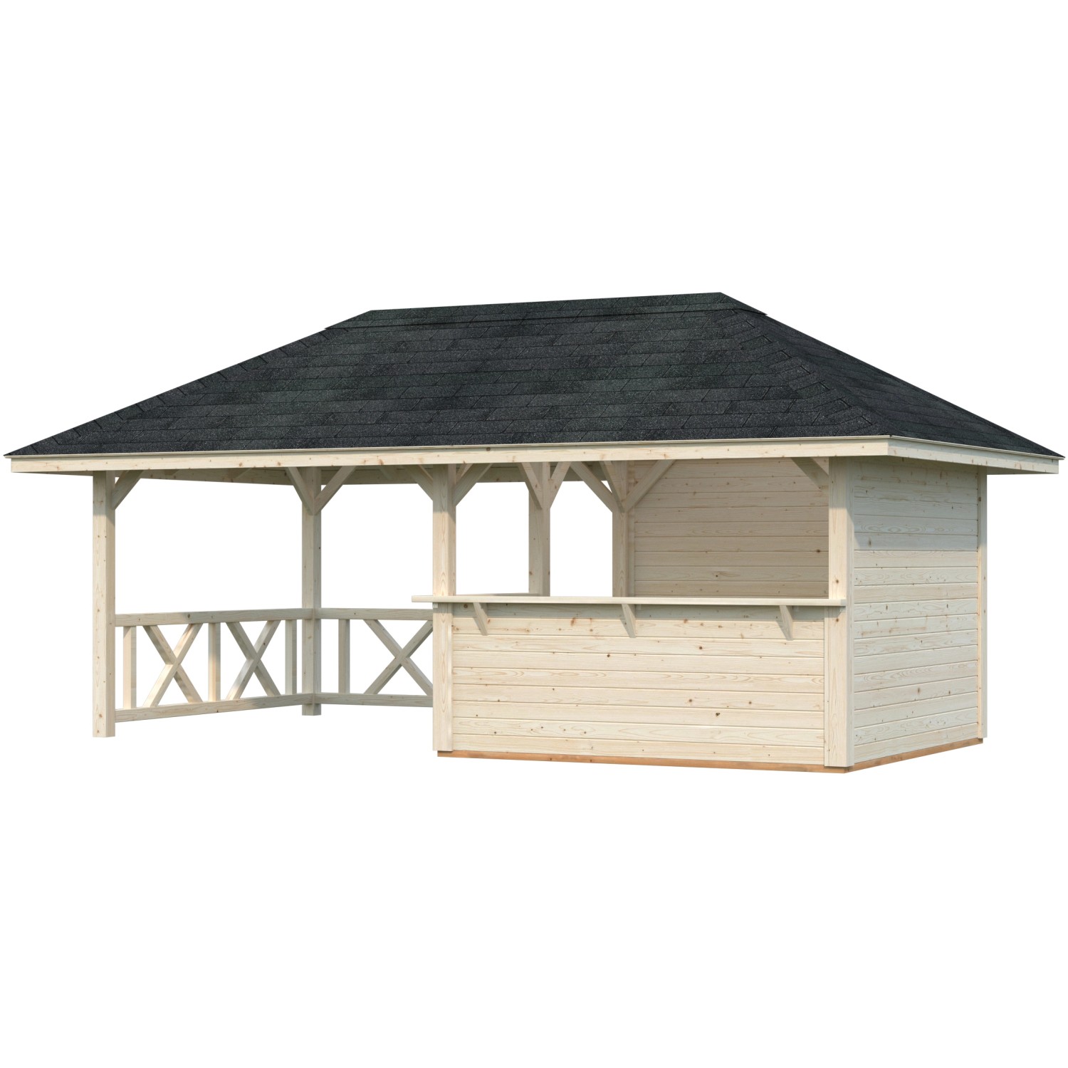 Palmako Holz-Pavillon Bianca 16,6 m² mit Ecktresen und zwei Wänden, unbehandelt.