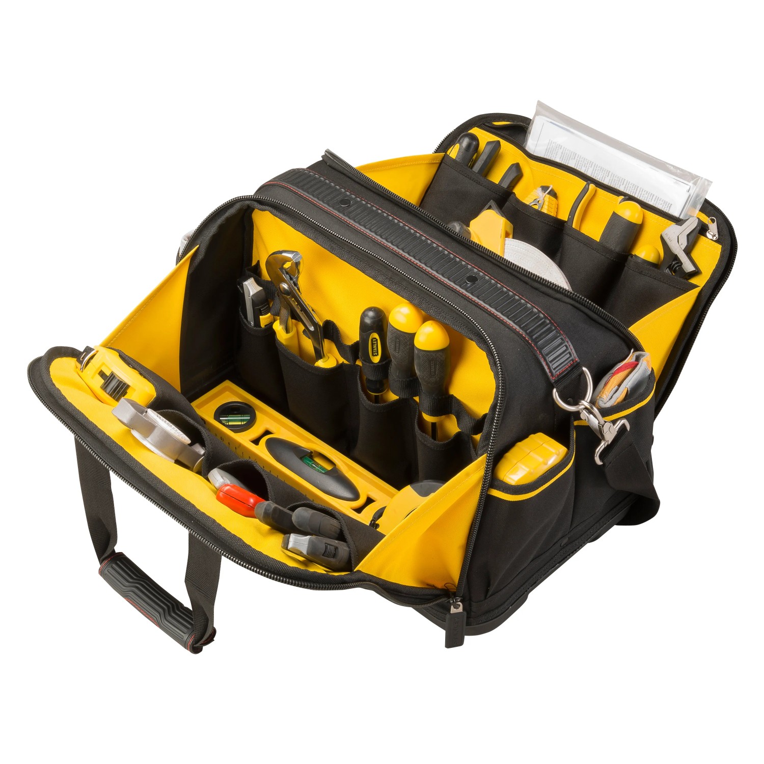 Offene Stanley FatMax Werkzeugtasche FMST1-73607, gefüllt mit Werkzeugen. Werkzeugkoffer in Schwarz/Gelb.