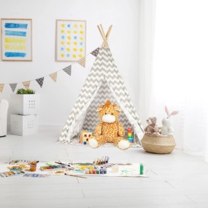 Relaxdays Tipi Zelt Leinen Holz Weiß Grau Gepolstert 160 cm x 115 cm x 115 cm 3,3 kg