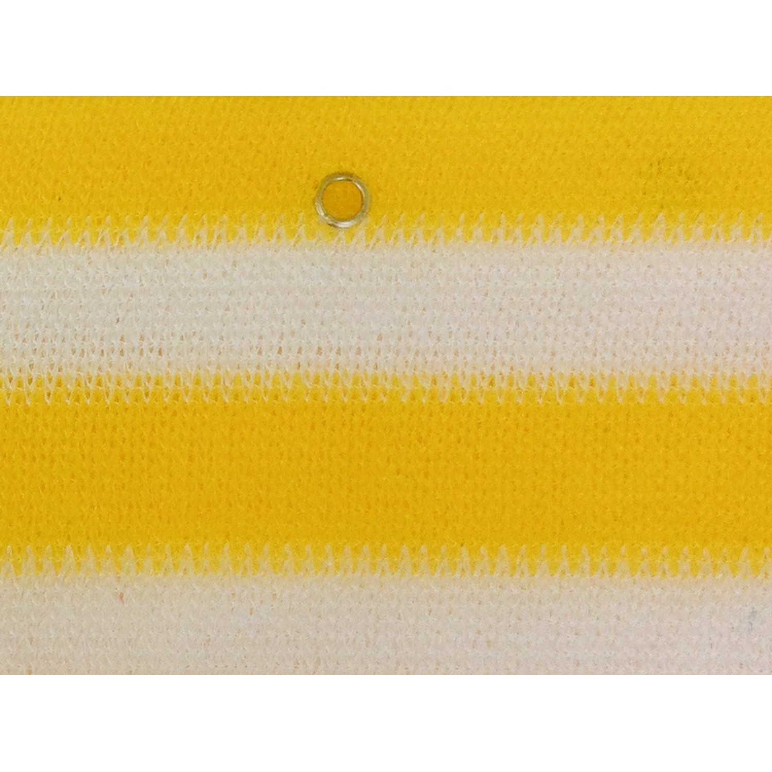 Floracord Balkonsichtschutz gelb-weiß, Detailaufnahme Öse und Streifen.