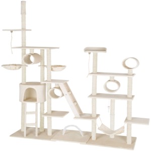 Beiger Tectake Kratzbaum Snooky mit Sisal, 218x70x261cm, mit Liegemulden, Röhren, Hängematte und Spielzeug.