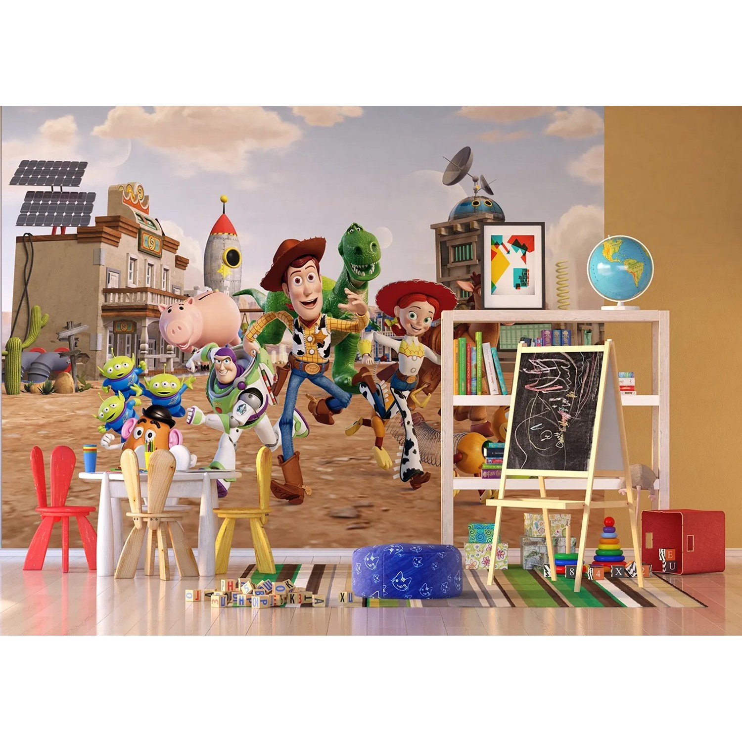 Disney Fototapete Toy Story mit Woody, Buzz Lightyear und Freunden im Kinderzimmer.