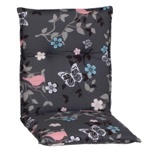 Saumauflage Niedriglehner Bregenz Grau mit Blümchen, Gartenstuhlauflage mit Blumen- und Schmetterlingsmuster.