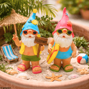 Zwei bunte Gartenzwerge als Urlauber mit Sonnenbrillen, Surfboard und Summer-Schild. Ideal für Garten, Balkon, Terrasse.