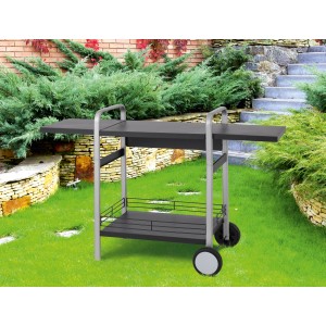 Tepro BBQ Tisch, schwarz-silber, mit Ablagen, Korb und Rädern für Grillutensilien.