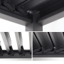 Anthrazitfarbene Pergola C110 Series mit verstellbaren Lamellen, offen und geschlossen, für flexiblen Sonnenschutz.