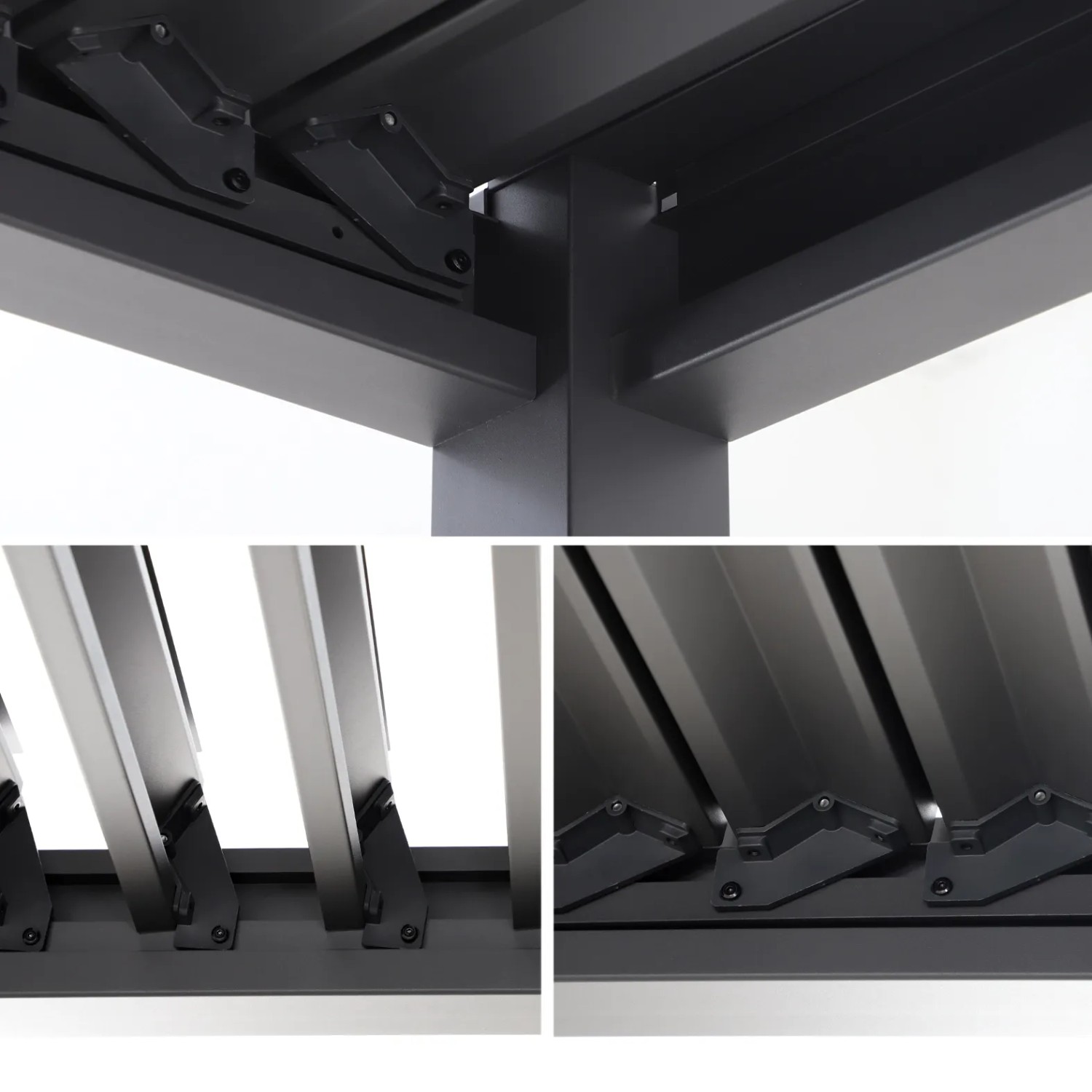 Anthrazitfarbene Pergola C110 Series mit verstellbaren Lamellen, offen und geschlossen, für flexiblen Sonnenschutz.