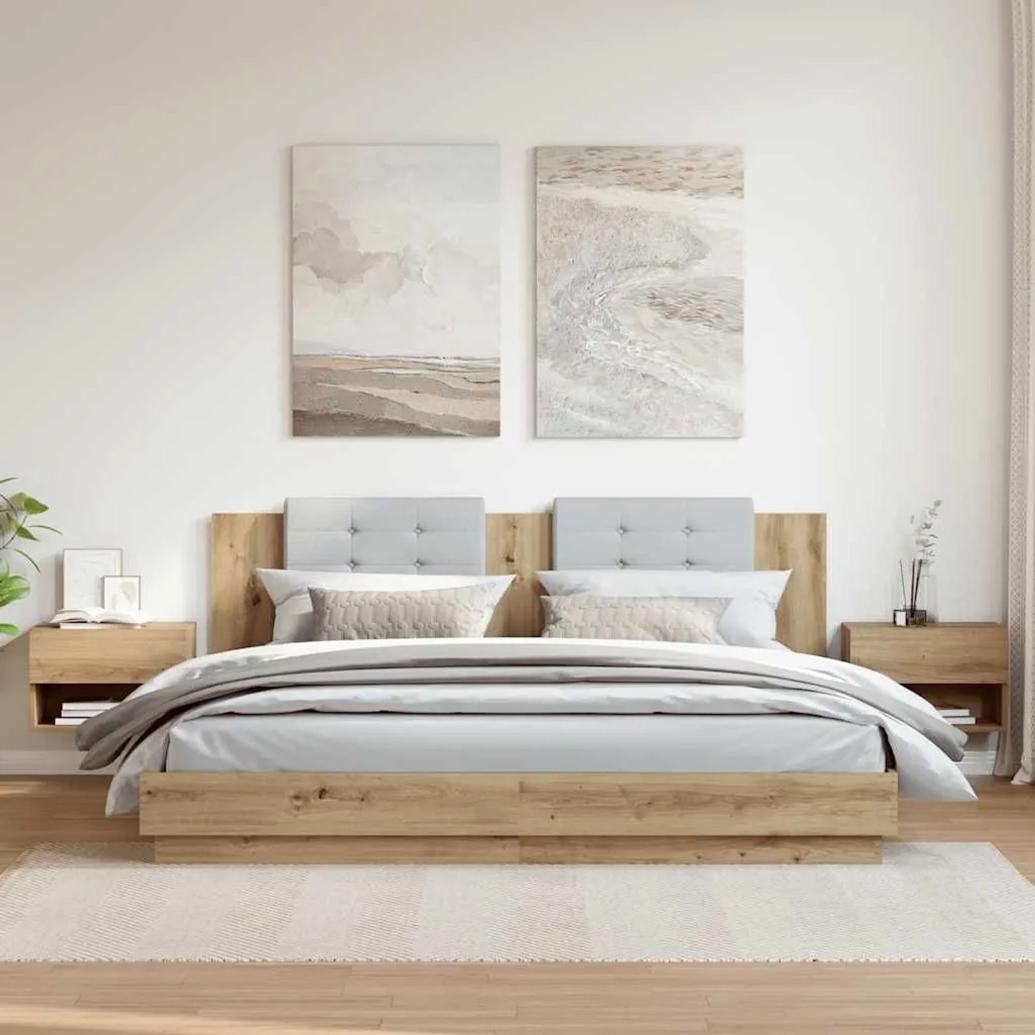 Zwei Wand-Nachttische in Artisan-Eiche im Schlafzimmer-Setup.