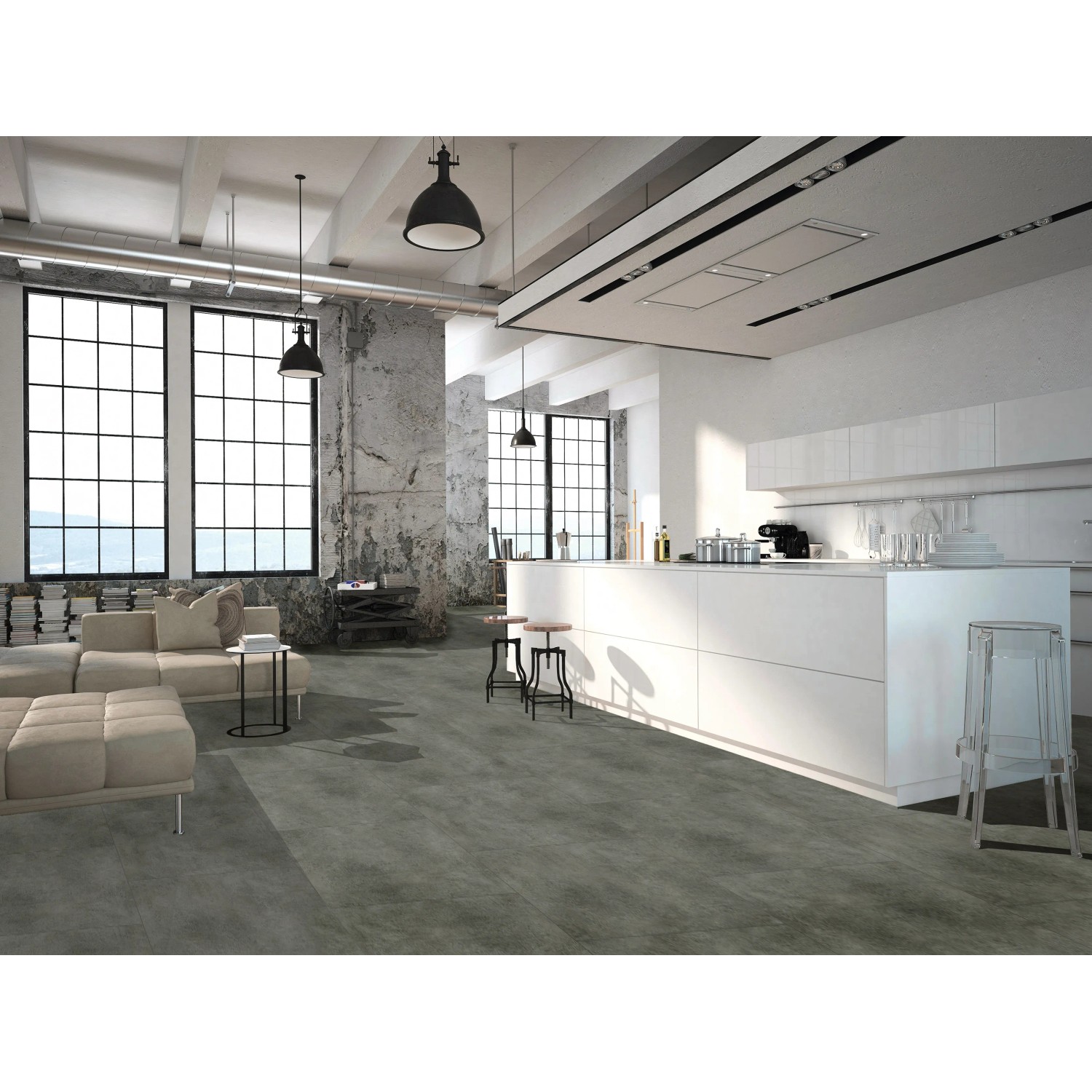 Verlegter Click-Vinylboden Milano in Natursteinoptik im modernen Wohnraum.
